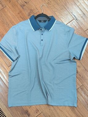 Michael Strahan Golf Blue Polo Shirt with Contrast Navy Collar